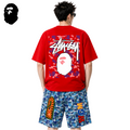 BAPE x Stussy Pink Camo Back Print Men's T-Shirt - Red