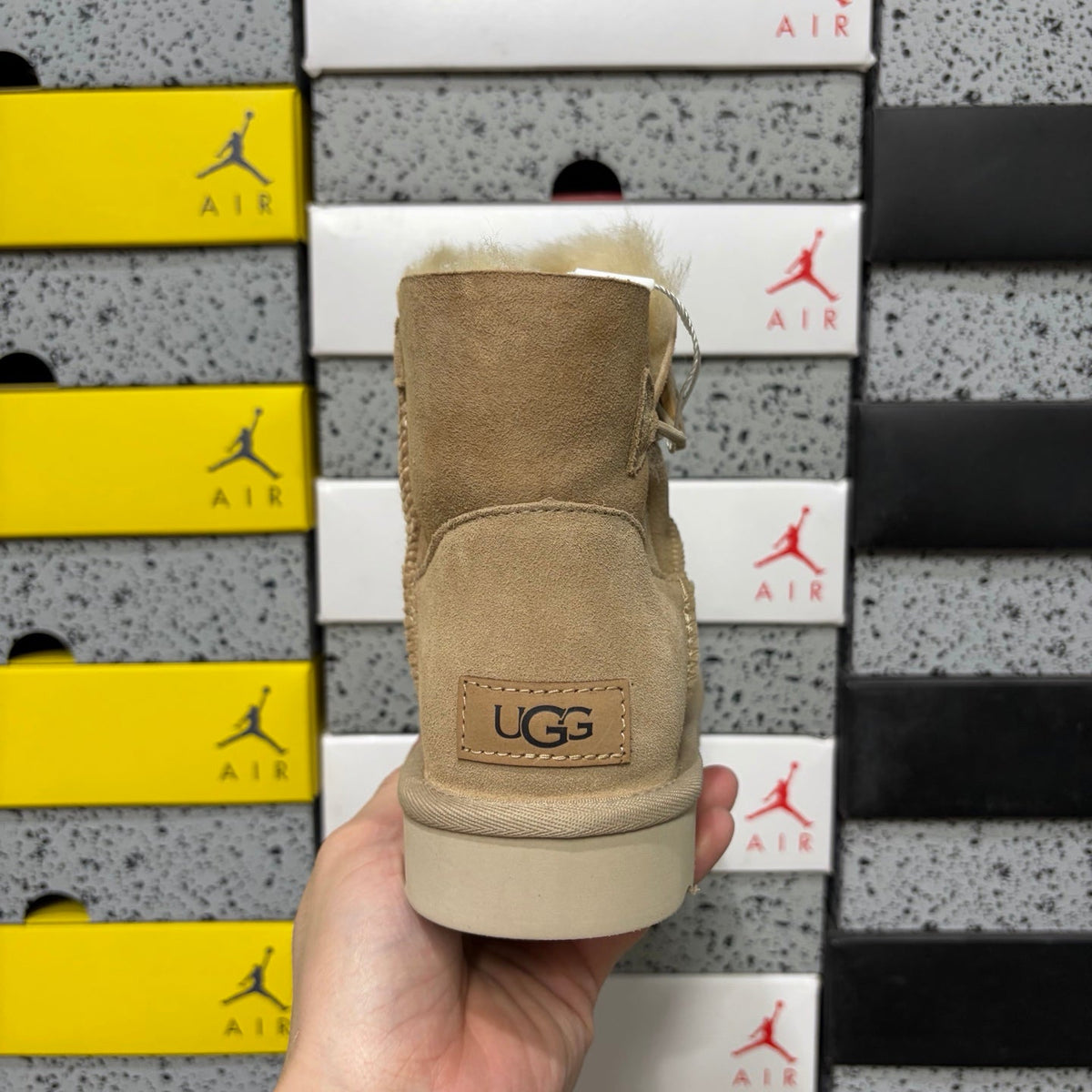 UGG Kallen Lace Mini Boot – Suede Ankle Boot with Shearling Cuff & Signature Button Closure in Sand
