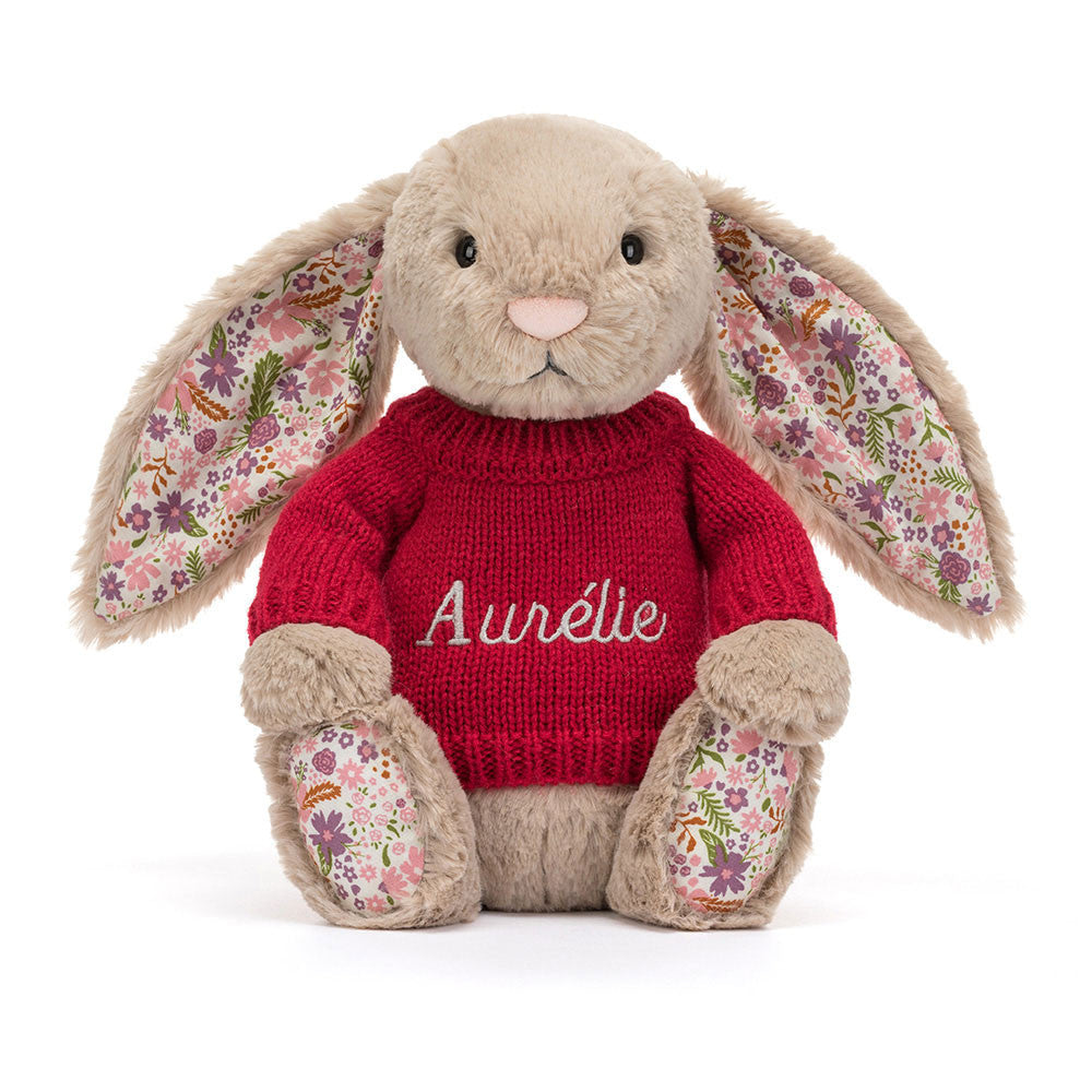 Blossom Beige Bunny 'Petal' with Personalized Red Jumper