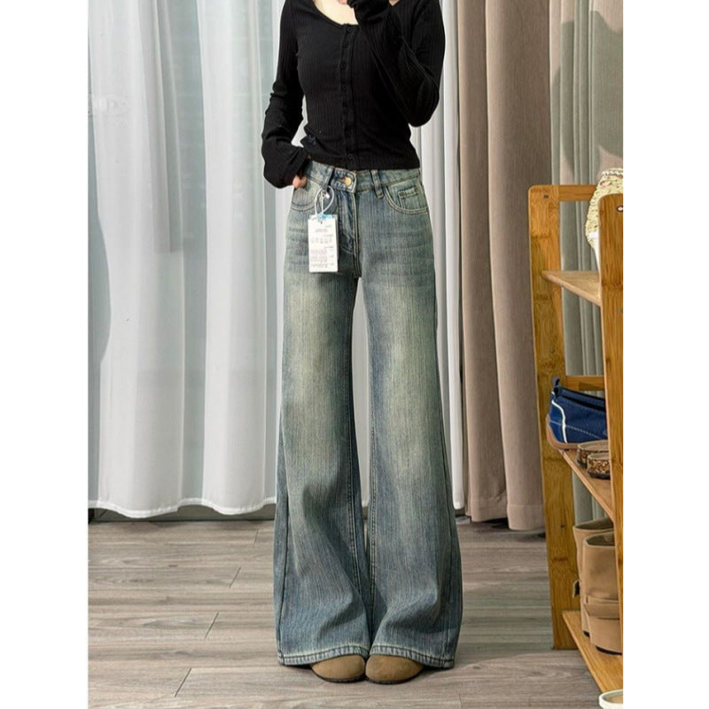 Vintage Washed Slub Flare Denim Jeans High Waist Slim Bootcut Pants