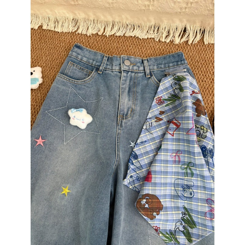 Bear Star Embroidery Plaid Scarf Wide Leg Denim Capri Pants