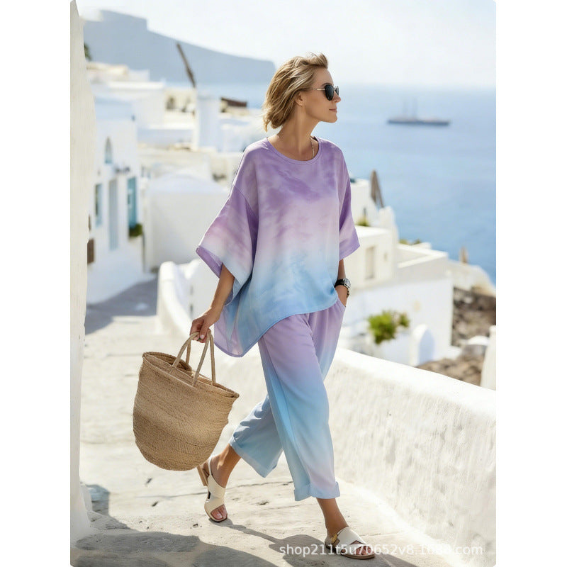 Women's Boho Gradient-Print Batwing Top and Pants Set