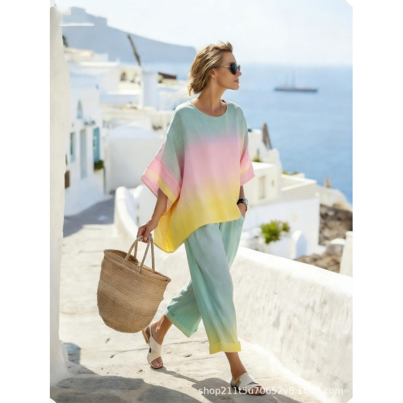 Women's Boho Gradient-Print Batwing Top and Pants Set