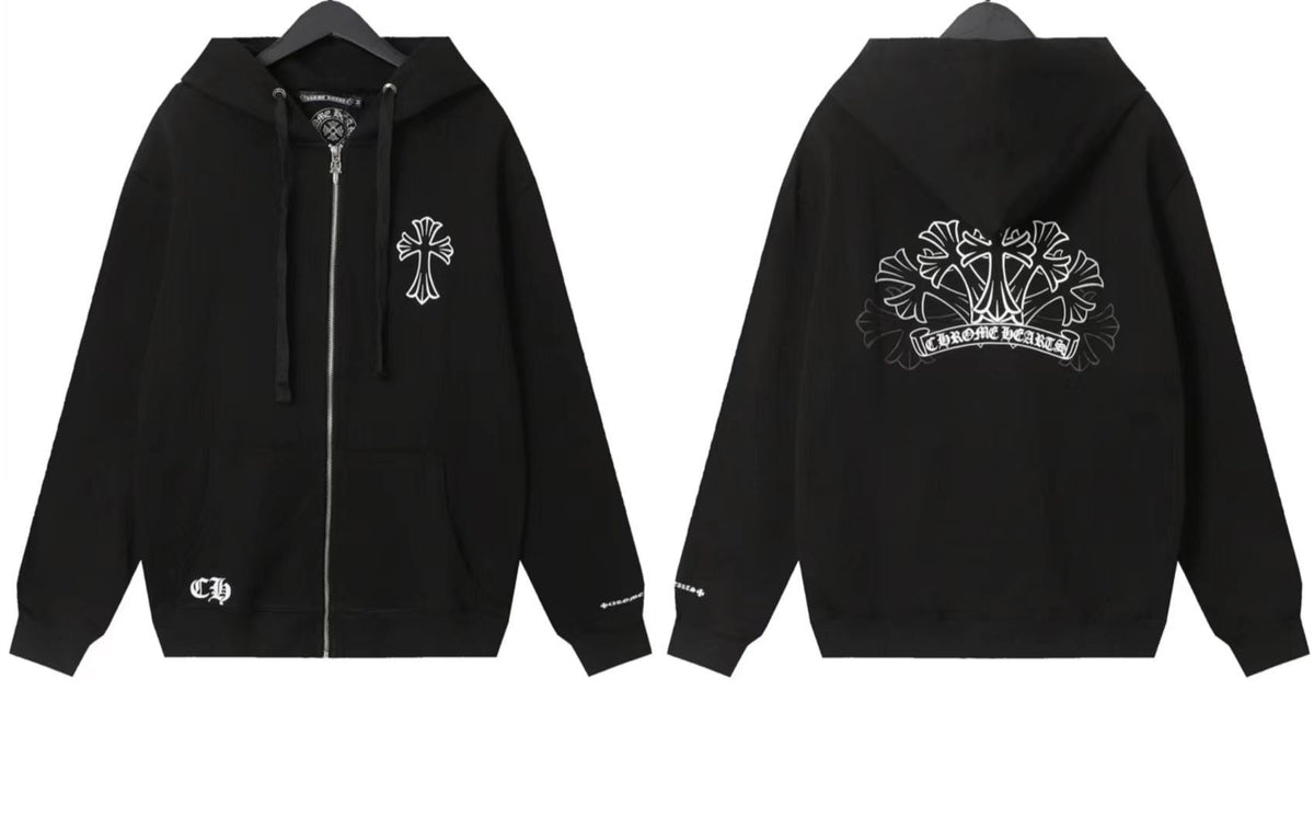 Chrome Hearts Horseshoe Sanskrit Cross Zip Up Hoodie Streetwear Unisex