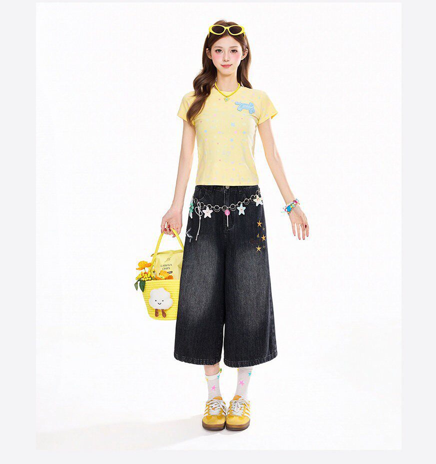 Vintage Wash Star Embroidered Denim Shorts Loose Wide Leg Capri Jeans