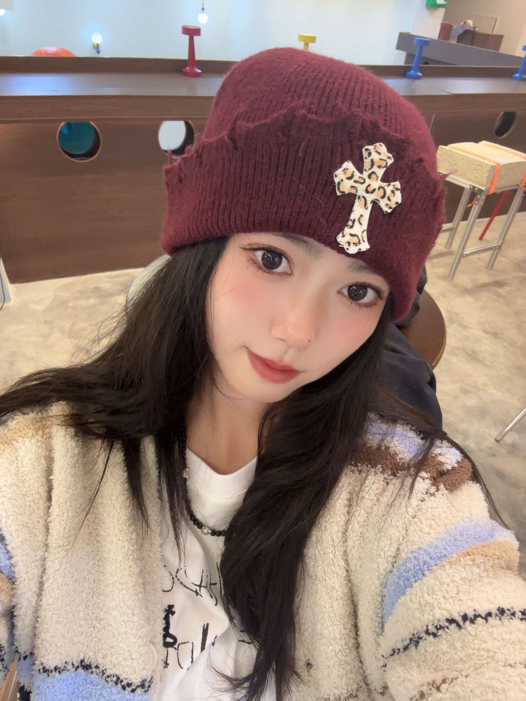 Leopard Cross Distressed Knit Beanie Cuffed Winter Hat Multi‑Style