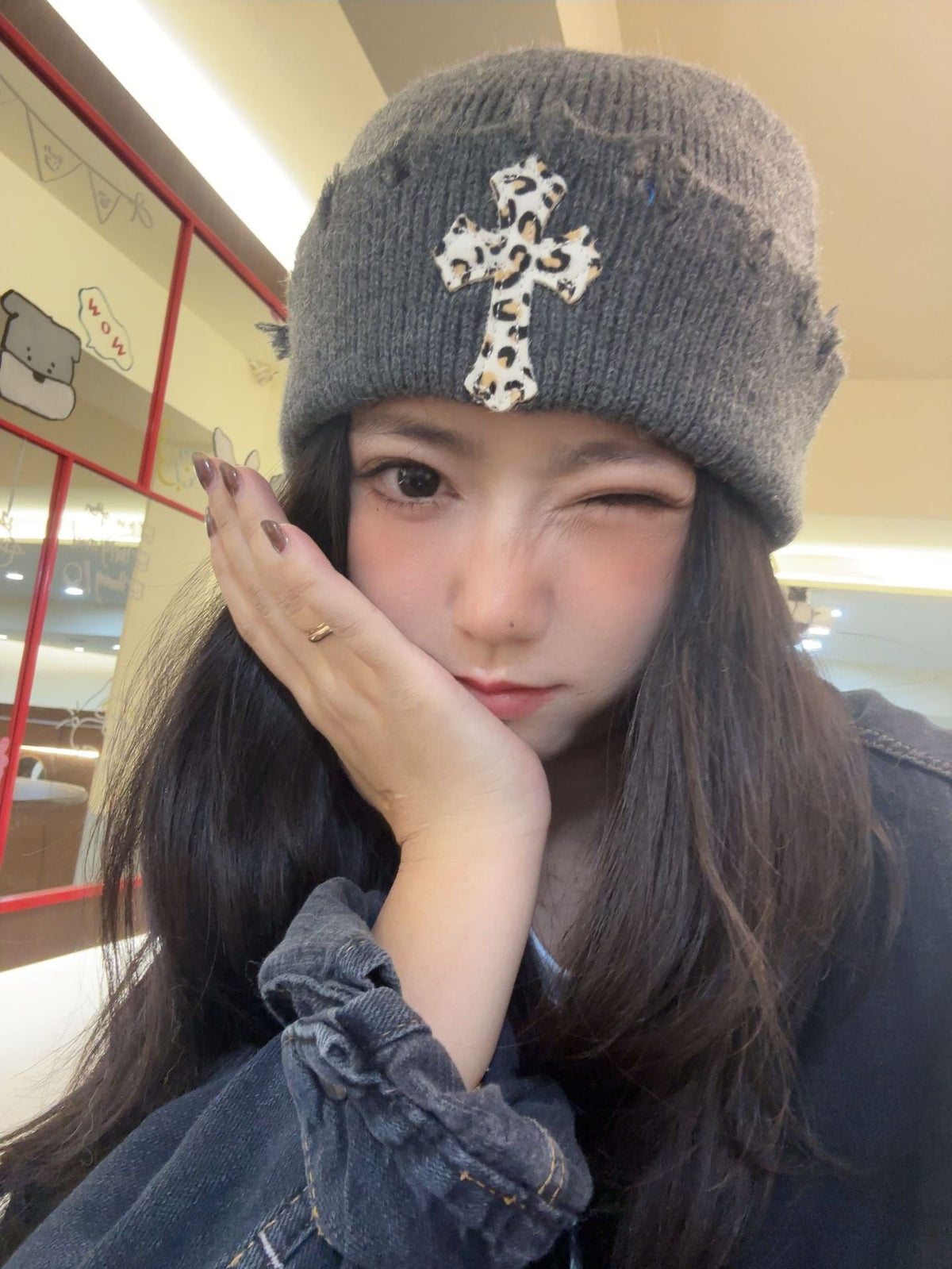 Leopard Cross Distressed Knit Beanie Cuffed Winter Hat Multi‑Style
