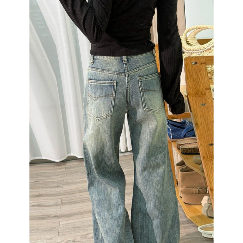 Vintage Washed Slub Flare Denim Jeans High Waist Slim Bootcut Pants