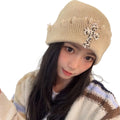 Leopard Cross Distressed Knit Beanie Cuffed Winter Hat Multi‑Style