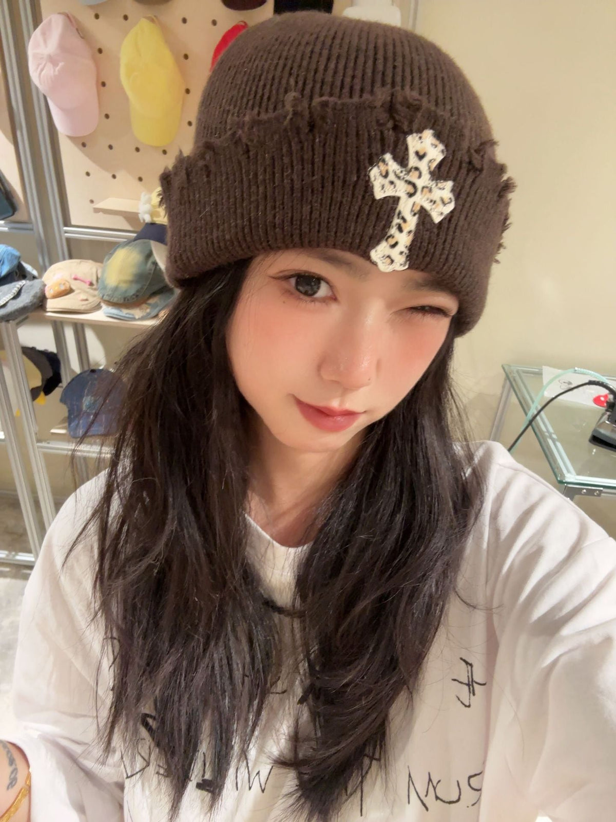 Leopard Cross Distressed Knit Beanie Cuffed Winter Hat Multi‑Style
