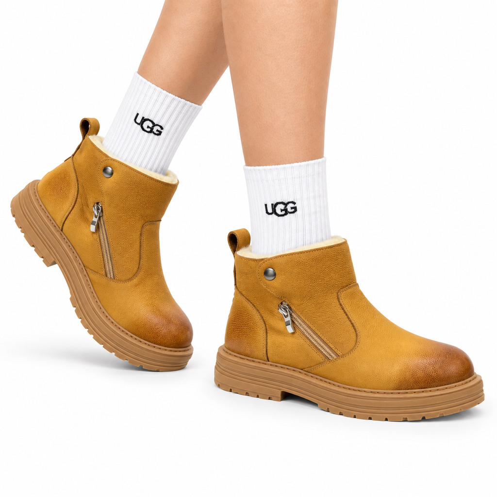 UGG Chestnut Shearling-Collar Leather Boots