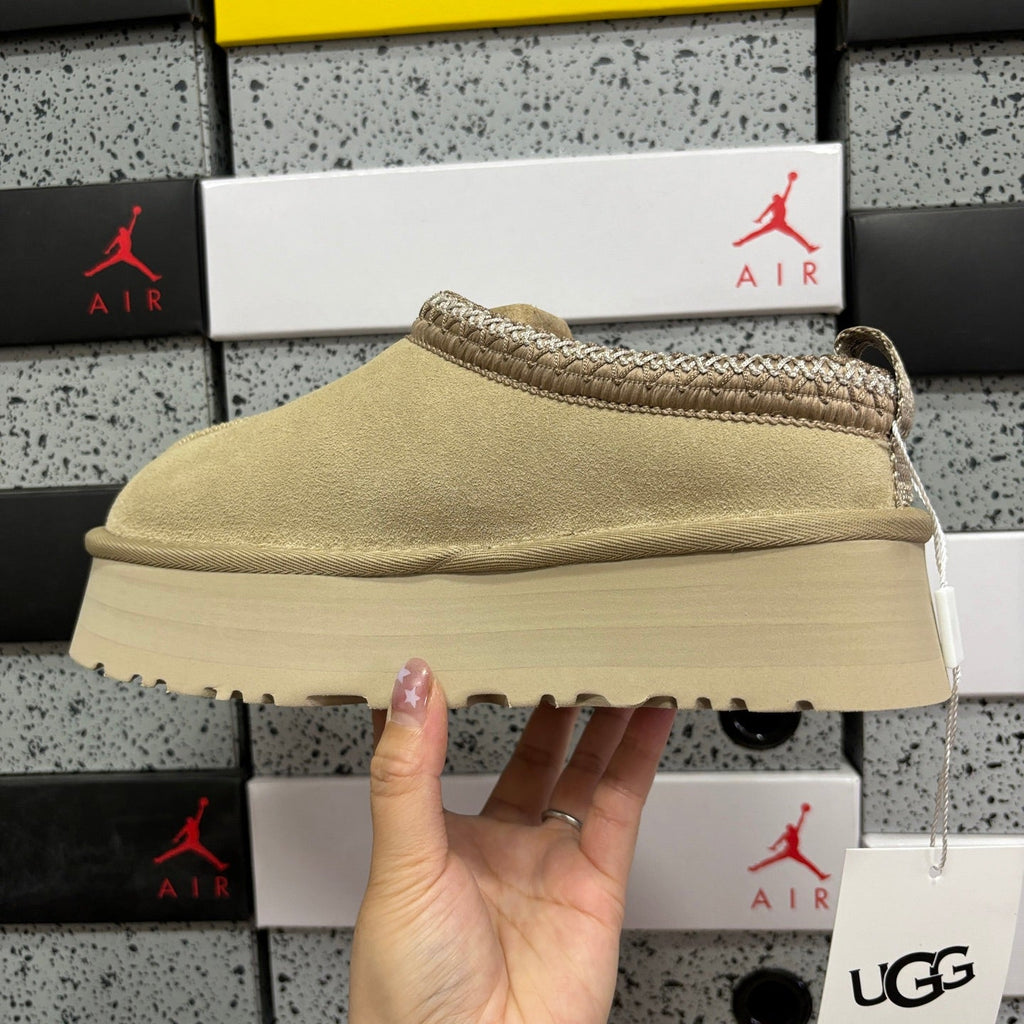 UGG Tazz Platform Slipper – Women’s Suede Clog with Braided Collar & Sheepskin Lining in Sand