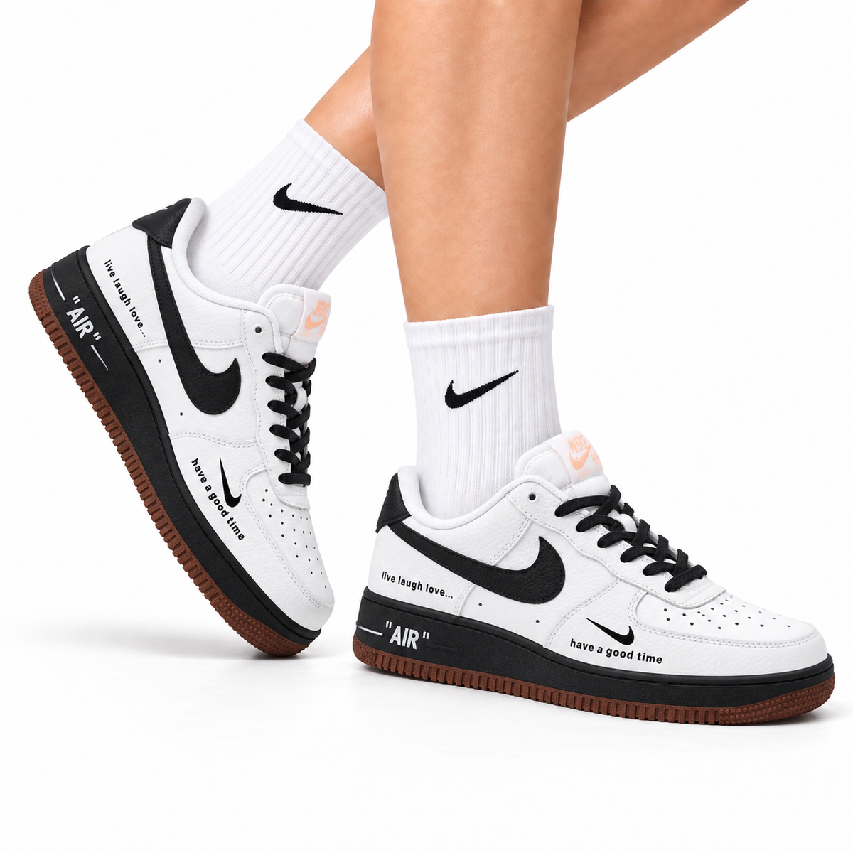 Nike Air Force 1 Low White Black Gum Text Unisex Sneakers Style 16
