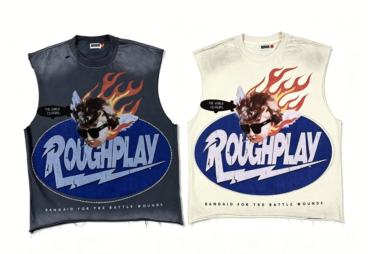 Rough Play Face & Flame Sleeveless T-Shirt
