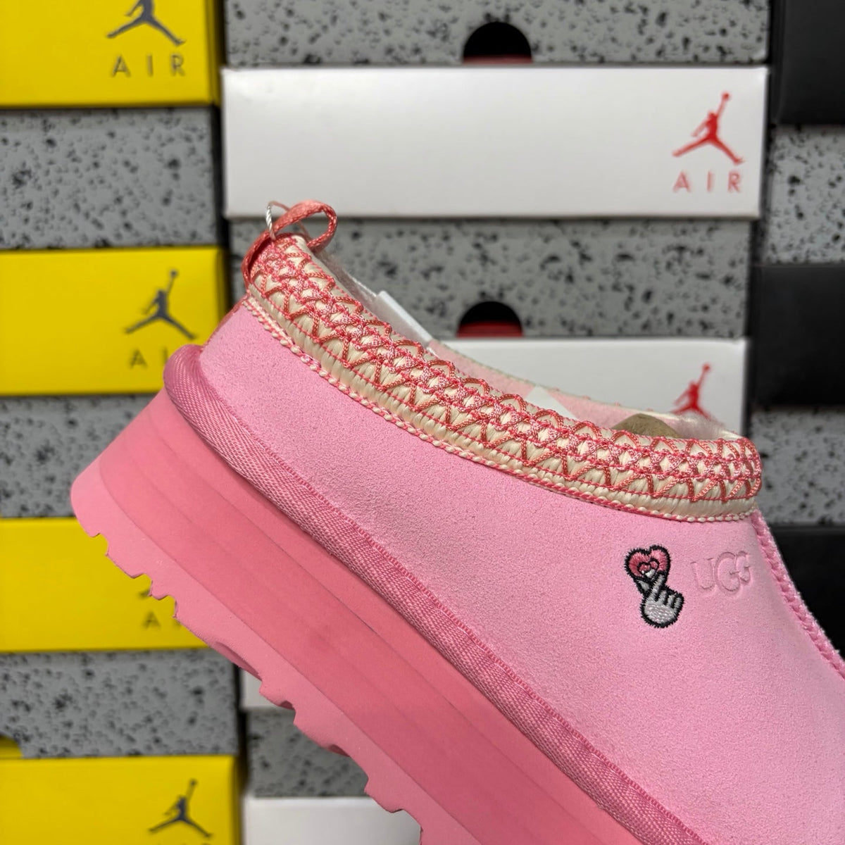 UGG Kallen Lace Platform Slipper – Women’s Suede Clog with Heart Embroidery & Pink Braided Collar in Taffy Pink