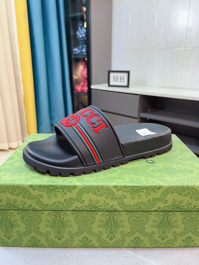 Gucci Black Red Green Striped Slide Sandals