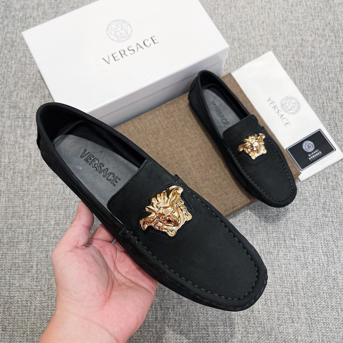 Versace Men's Black Gold-Tone Hardware Loafers - Contrast Stitching