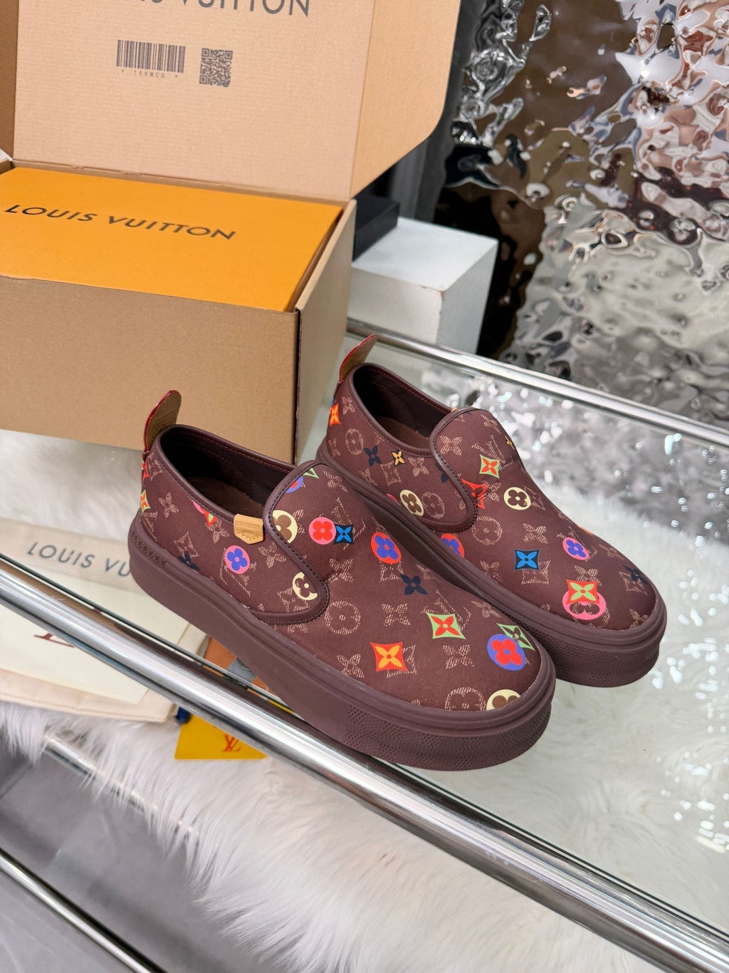 Louis Vuitton Men's Dark Brown Multicolor Motif Slip-On Shoes