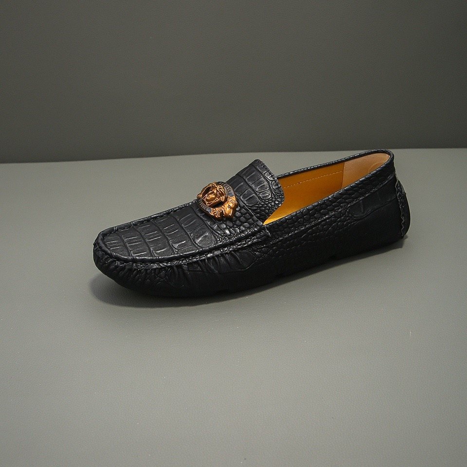 Men's Black Textured Loafers with Gold-Tone Ornament