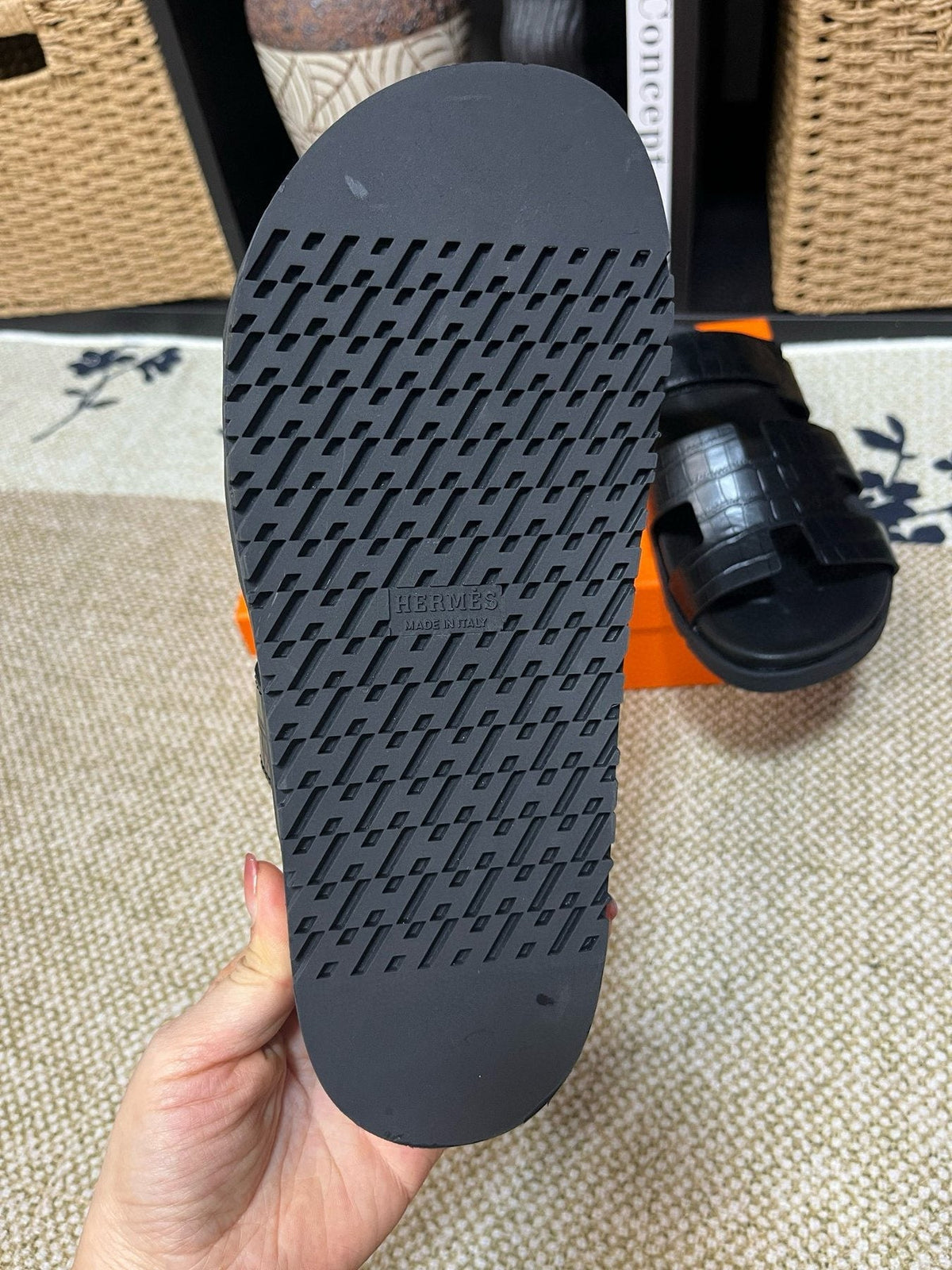 Hermes Men's Kazimir Black Slide Sandals