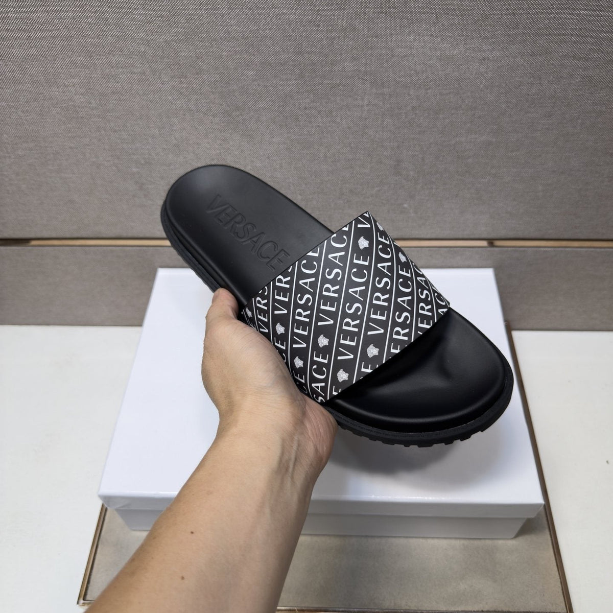 Versace Silver Logo Slide Sandals