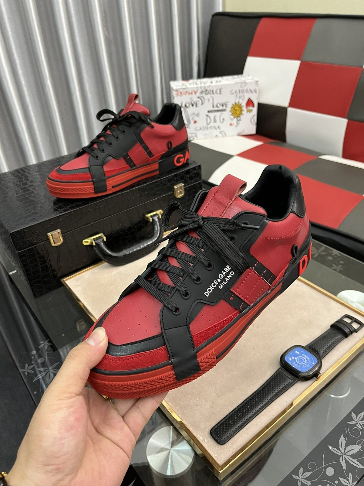 Dolce & Gabbana Red and Black Panel Sneakers