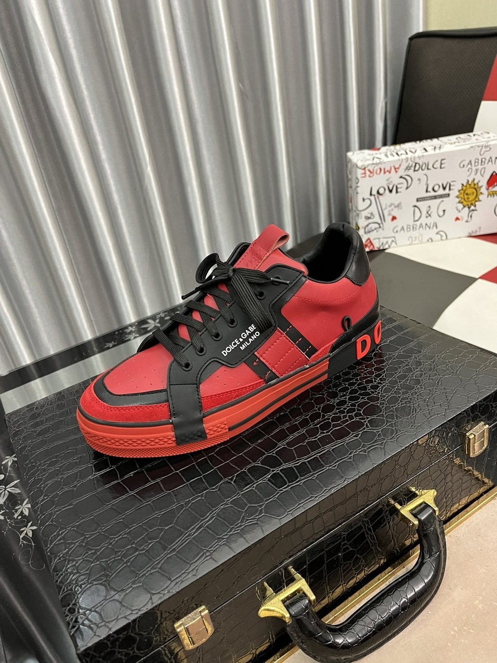 Dolce & Gabbana Red and Black Panel Sneakers
