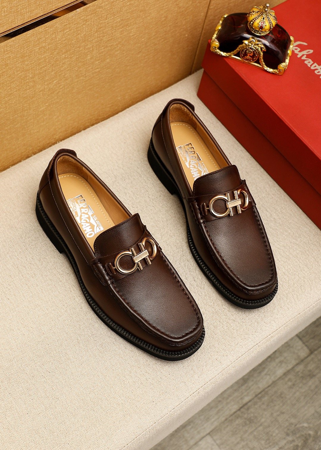 Ferragamo Dark Brown Metal-Bit Loafers