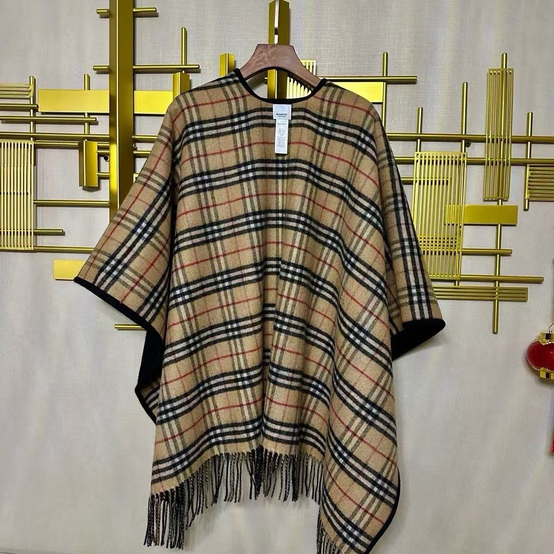 Burberry Reversible Plaid Fringed Poncho Wrap