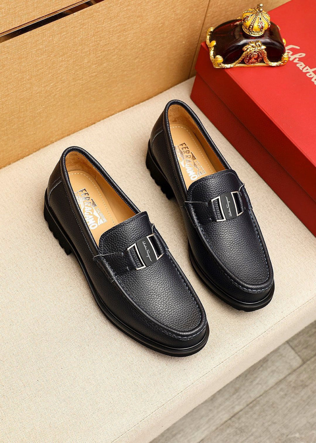 Ferragamo Black Buckle Leather Loafers