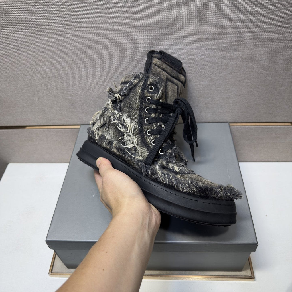 Gray and Black Distressed High-Top Sneakers