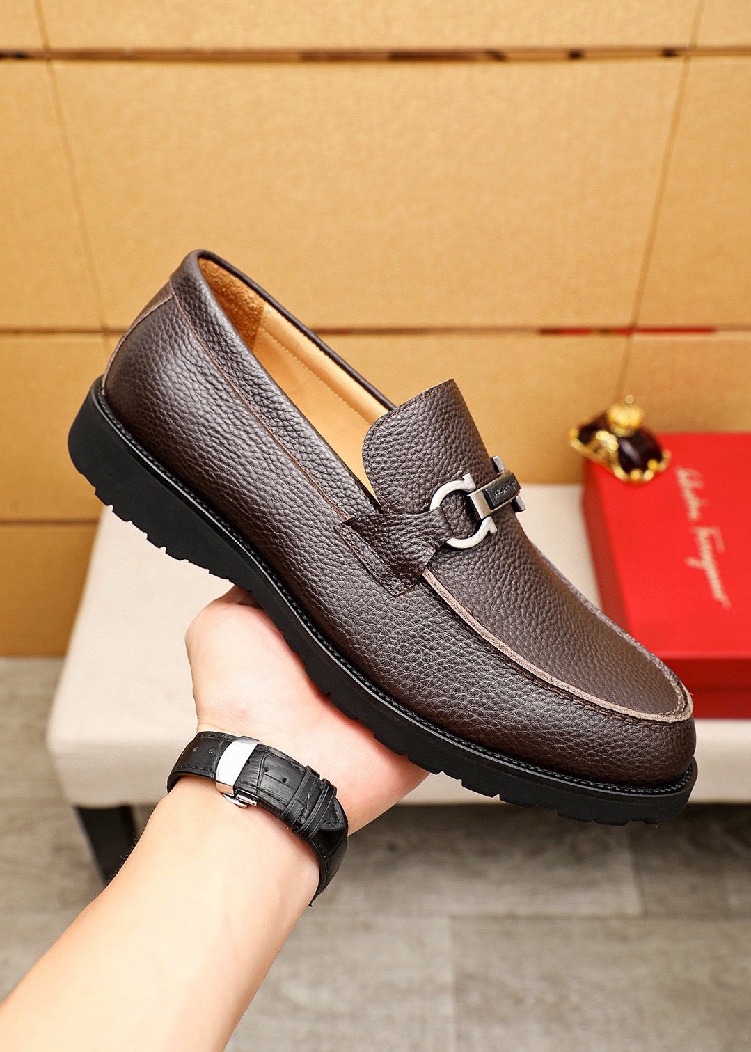 Ferragamo Pebble-Grain Buckle Slip-On Shoes