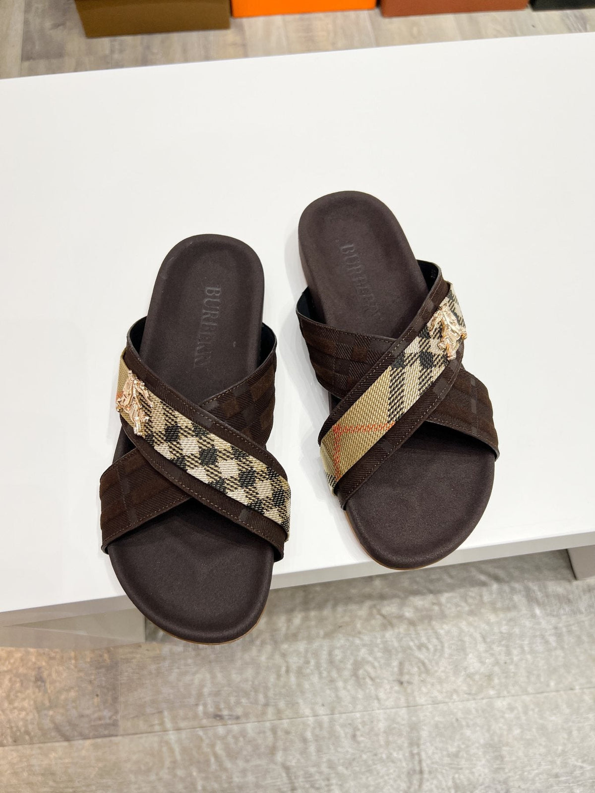 Burberry Men's Check Cross-Strap Slide Sandals