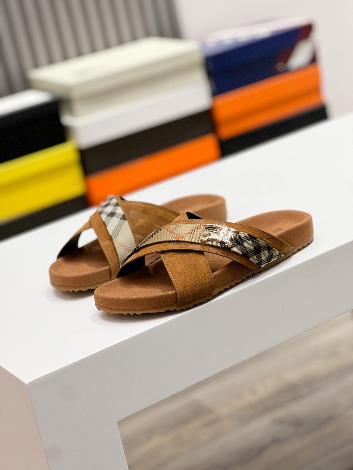 Burberry Men's Check Cross-Strap Slide Sandals