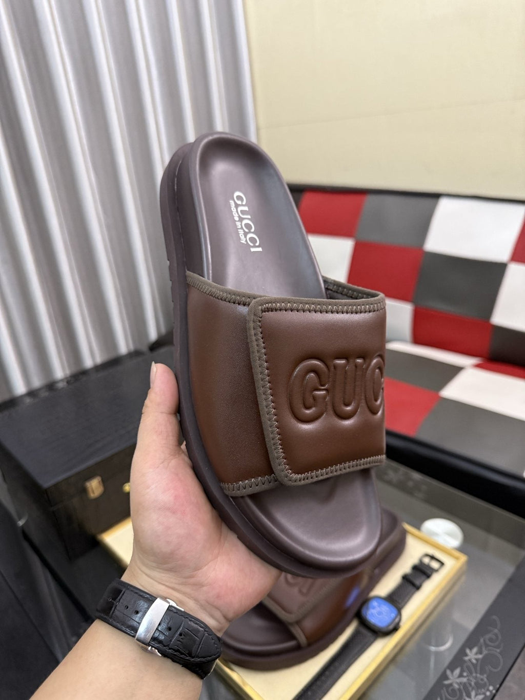 Gucci Embossed Strap Slide Sandals
