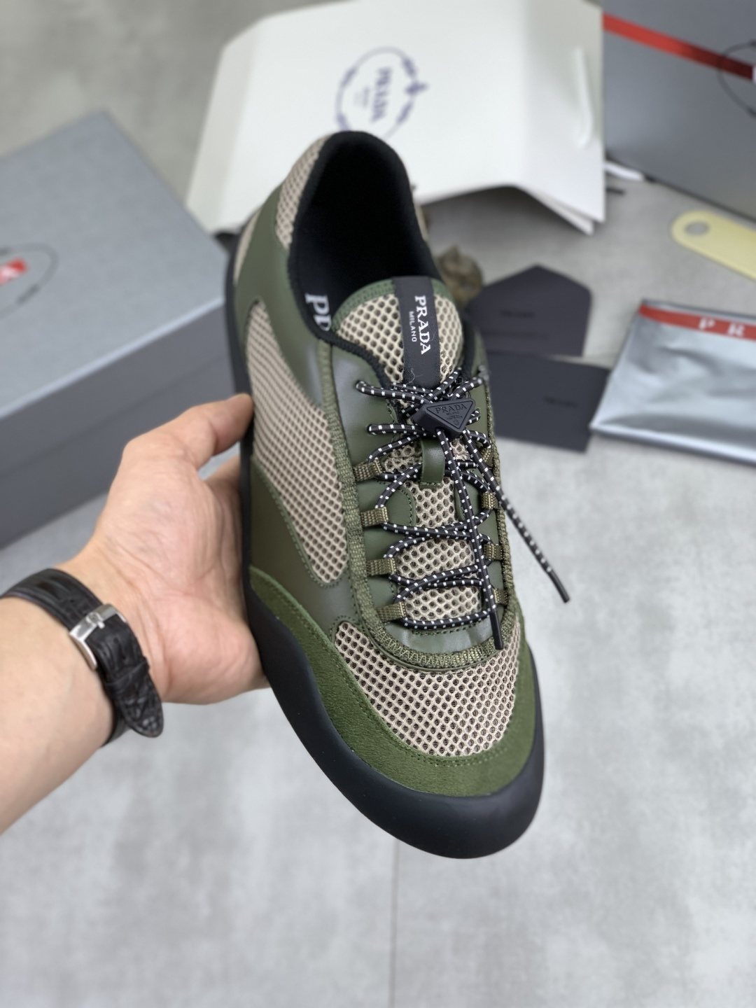 Prada Layered Mesh Lace-Up Sneakers