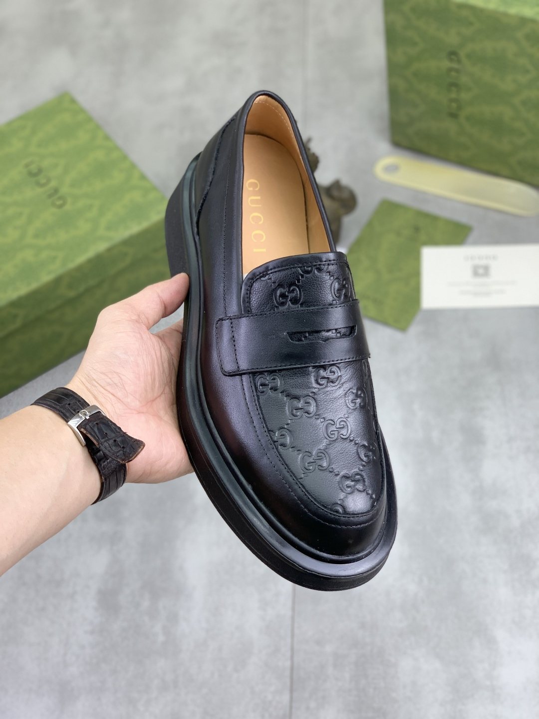 Gucci Black Embossed-Toe Loafers