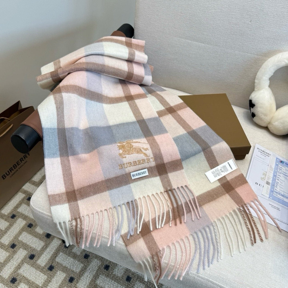 Burberry Cream Taupe Check Fringed Scarf