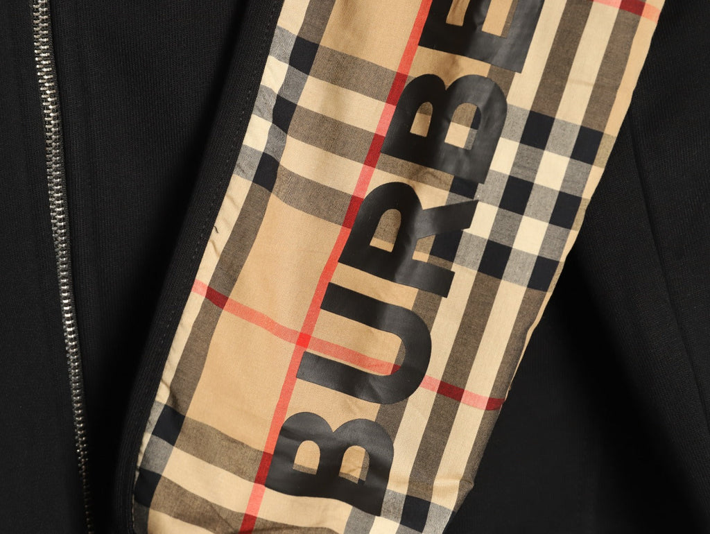 Burberry Logo-Detail Check-Panel Hooded Zip Jacket - Black